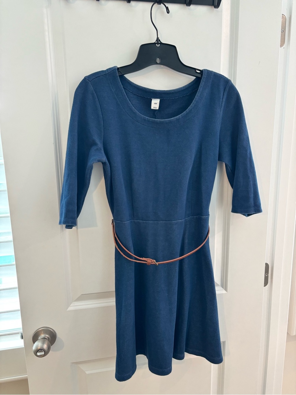 Old Navy Blue Scoop Neck Fit-and-Flare Dress with Brown Belt